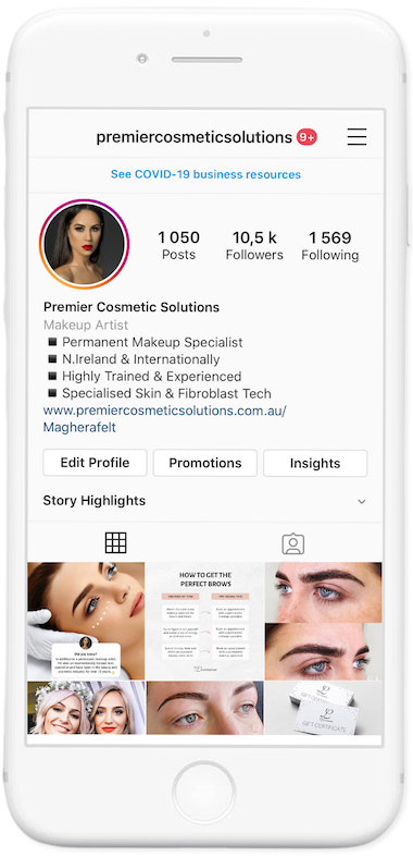 Client work sample, a mobile showing instagram account of Premier Cosmetic Solutions